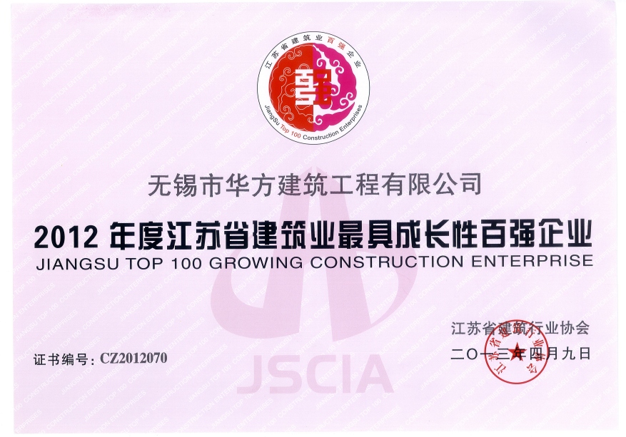 2012年度江蘇省建筑業(yè)最具成長性百強(qiáng)企業(yè)